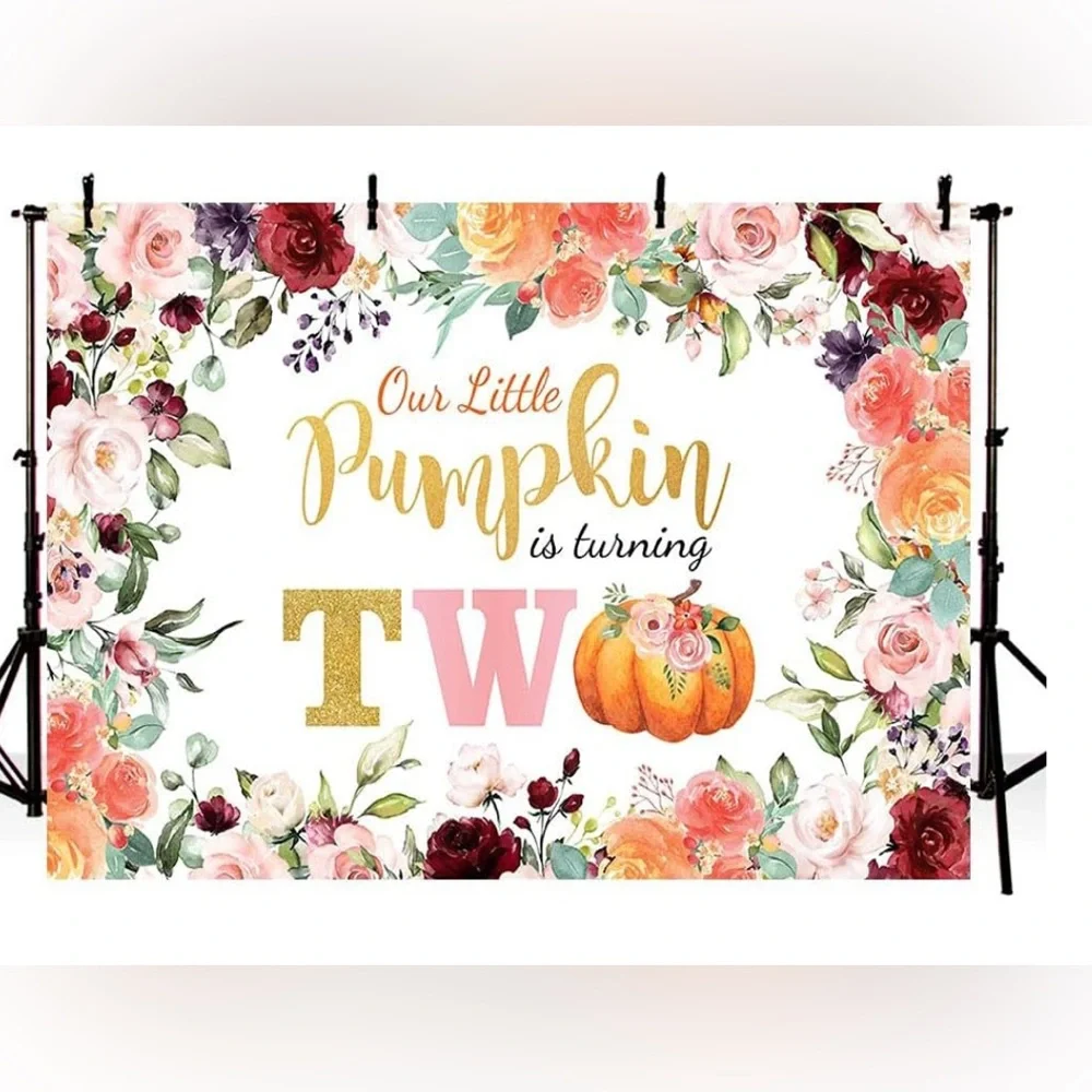 Our Little Pumpkin is turning 2 backdrop, 7 x 5,Happy Birthday Girl Two Birthday
